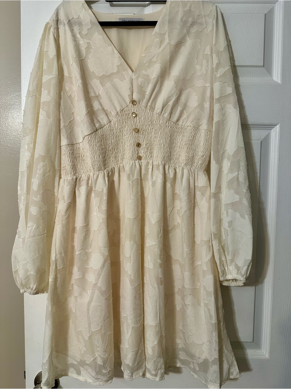 Women's Cream Long Sleeve V-Neck Smocked Waist Dress lined - Miss Sparkling